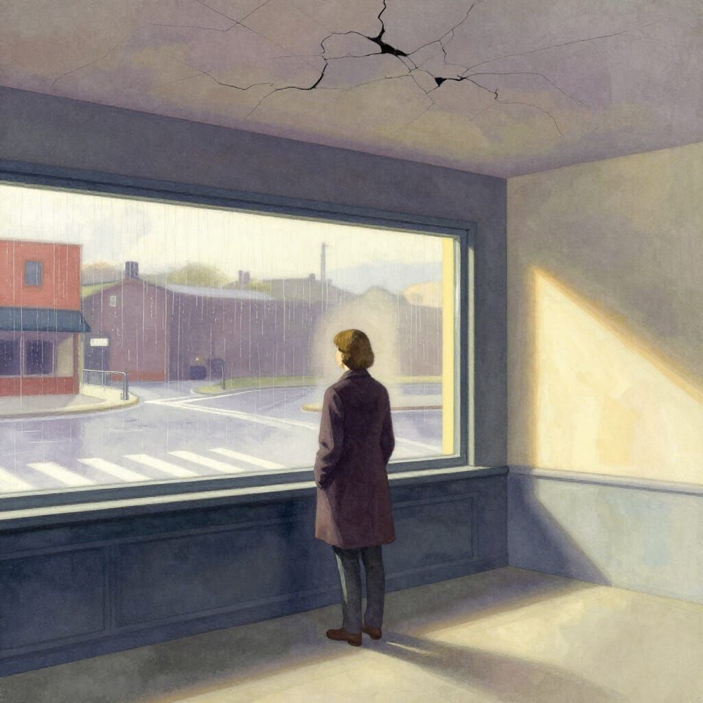 Figure Gazes Out Rain-Streaked Window in Pastel Tones