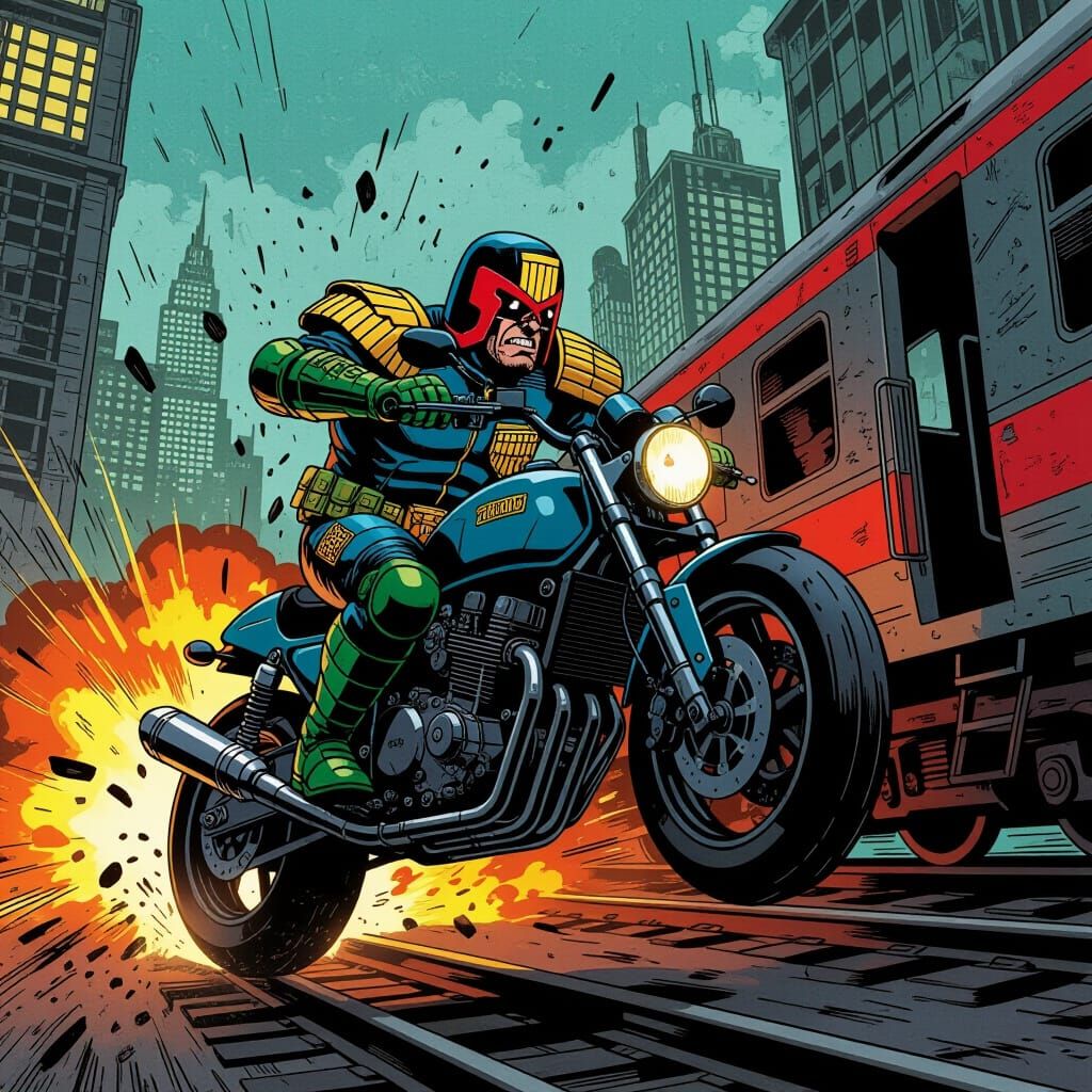 Judge Dredd Leaps Onto Train in Comic Book Style