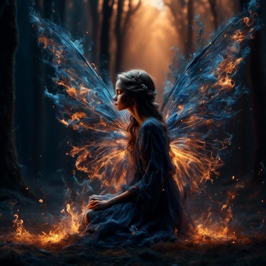 Detailed Fairy with Colorful Wings in Smoky Forest