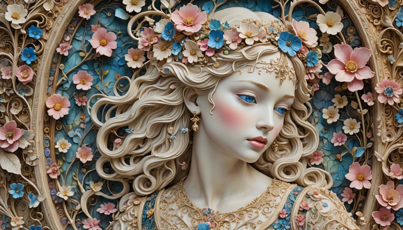 Whimsical Ivory Sculpture of a Lady in Floral Landscape