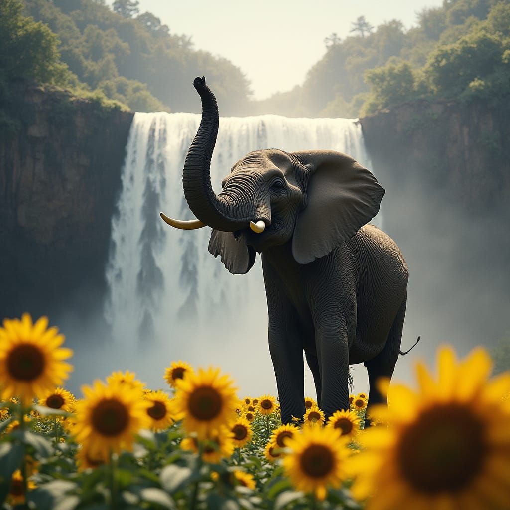 Majestic Elephant and Waterfall with Sunflowers in Photoreal...