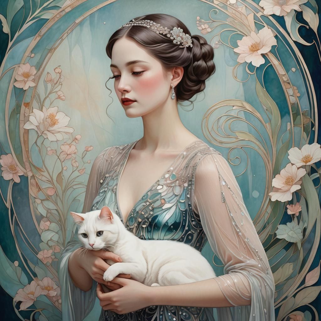 Elegant Lady with Cat in Art Nouveau Style