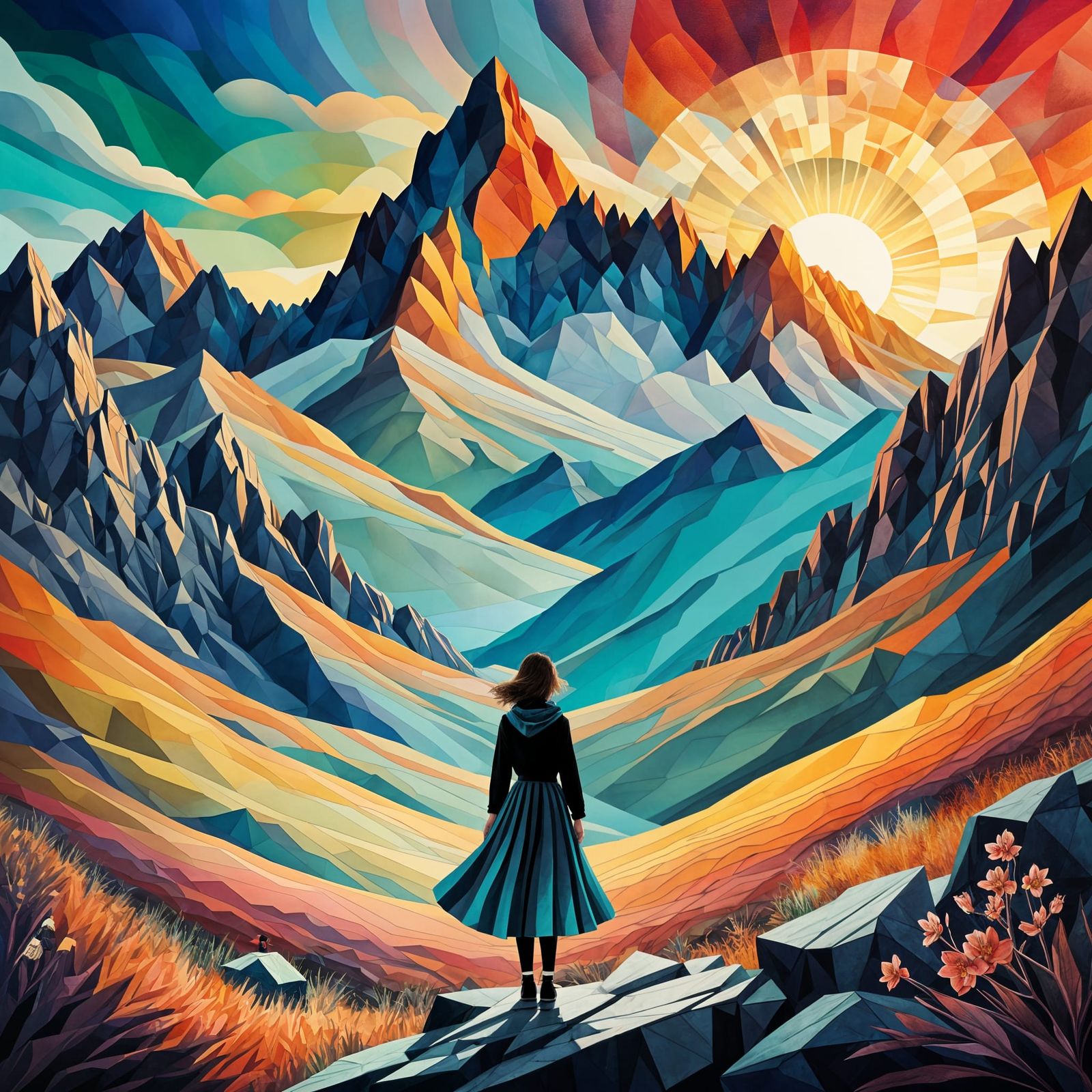Sunrise Silhouette: A Richly Colored Mountain Collage