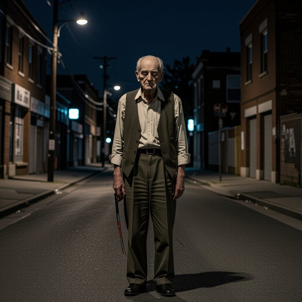 Terrifying Old Man on Dark Street at Night