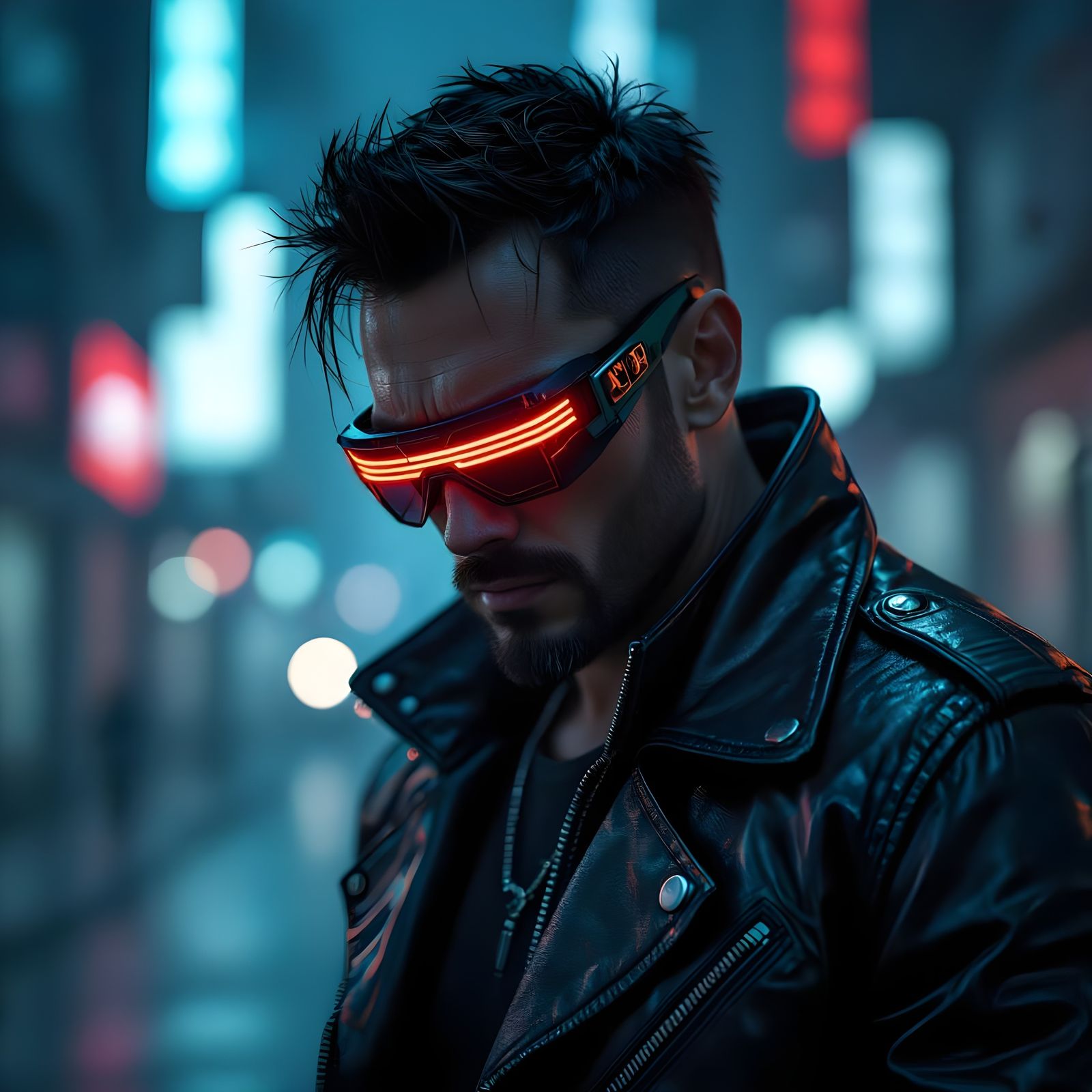 Cyberpunk Man with Glowing Eyewear in Industrial Setting