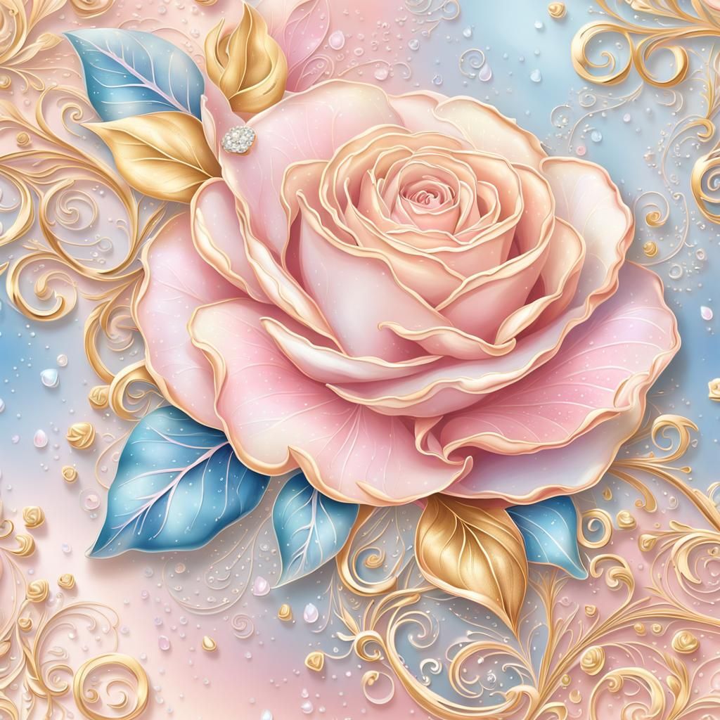 Pastel Rose with Gold Filigree in Anime Style