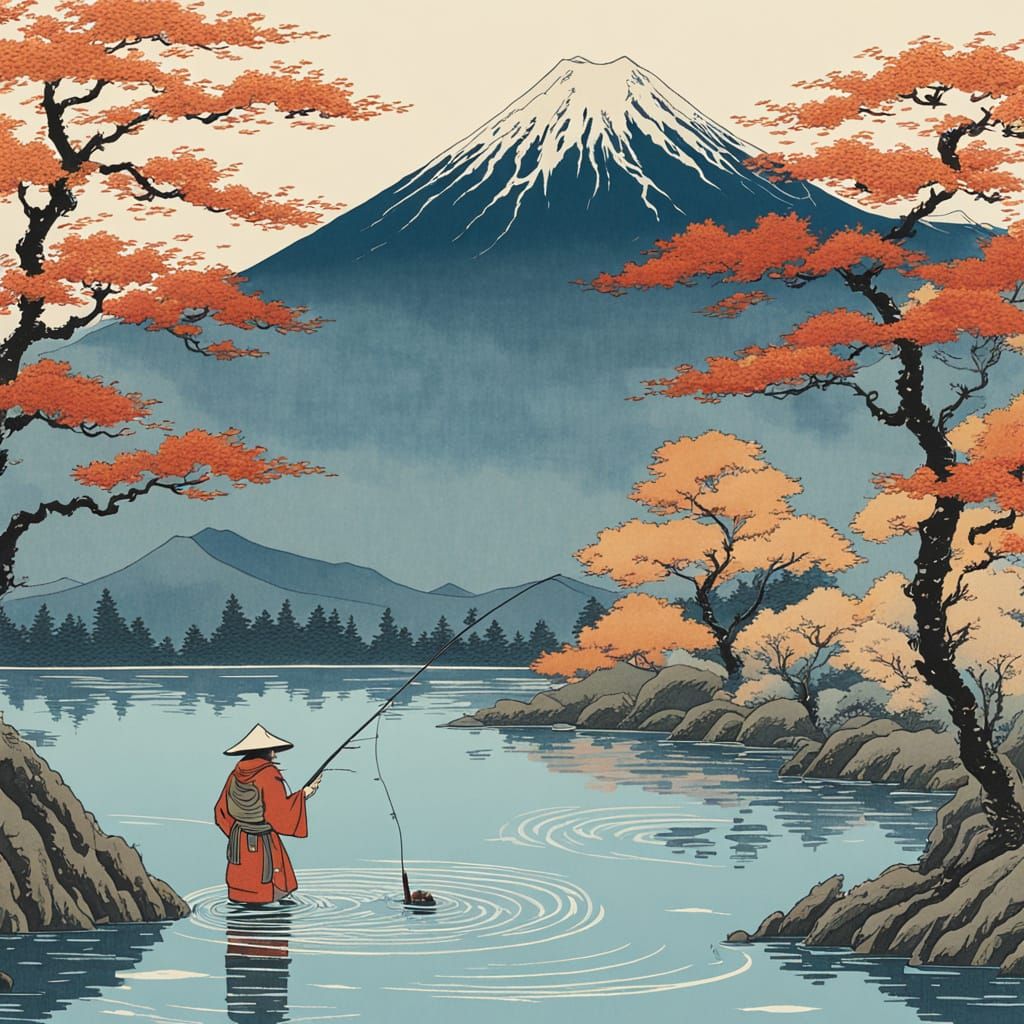 Hooded Man Fishing: Ukiyo-e Woodblock Print