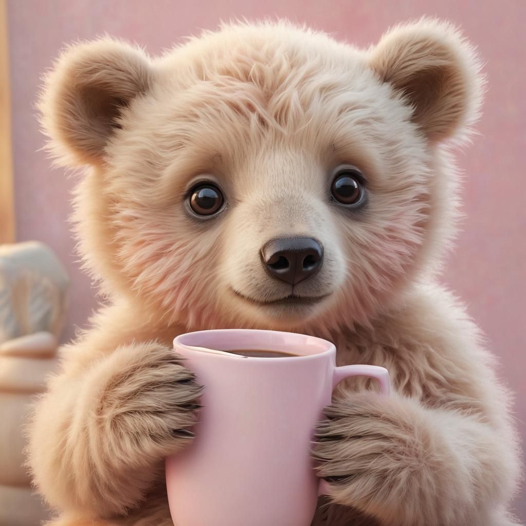 Adorable Baby Bear Cub with Coffee: Digital Art