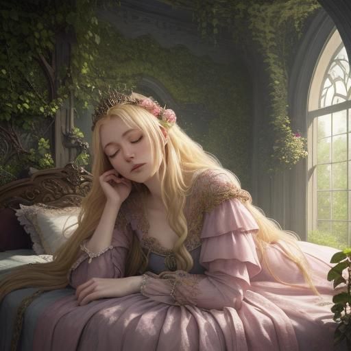 Sleeping Princess in Rose Garden, Fantasy Art