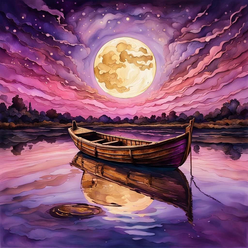 Dreamy Boat Under Moon in Alcohol Ink Style