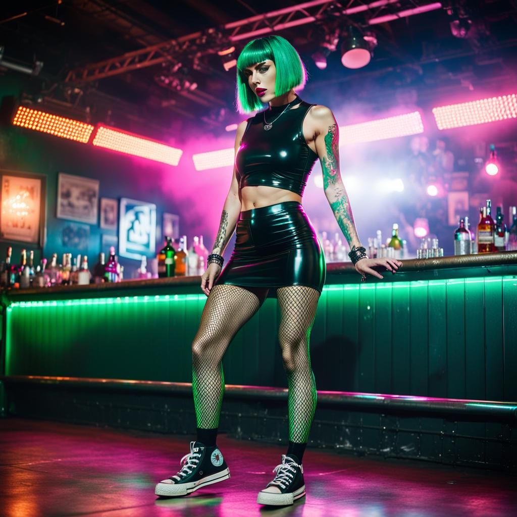 Woman in Latex Outfit Dancing in Neon Lit Bar
