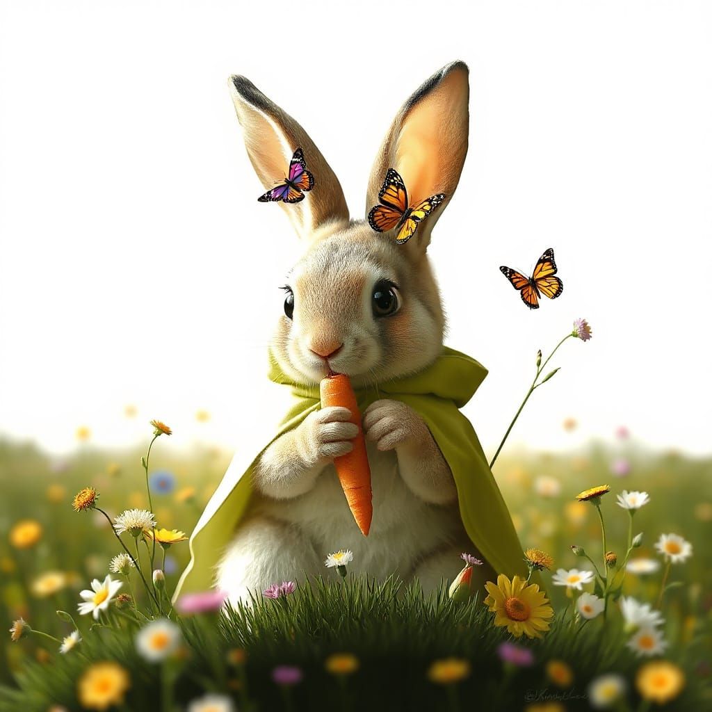 Chibi Rabbit Double Exposure with Spring Meadow