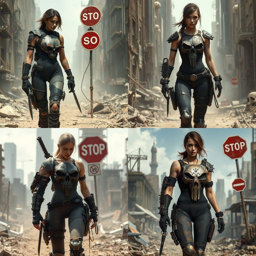 Cyberpunk Woman Striding Through Dystopian City Ruins