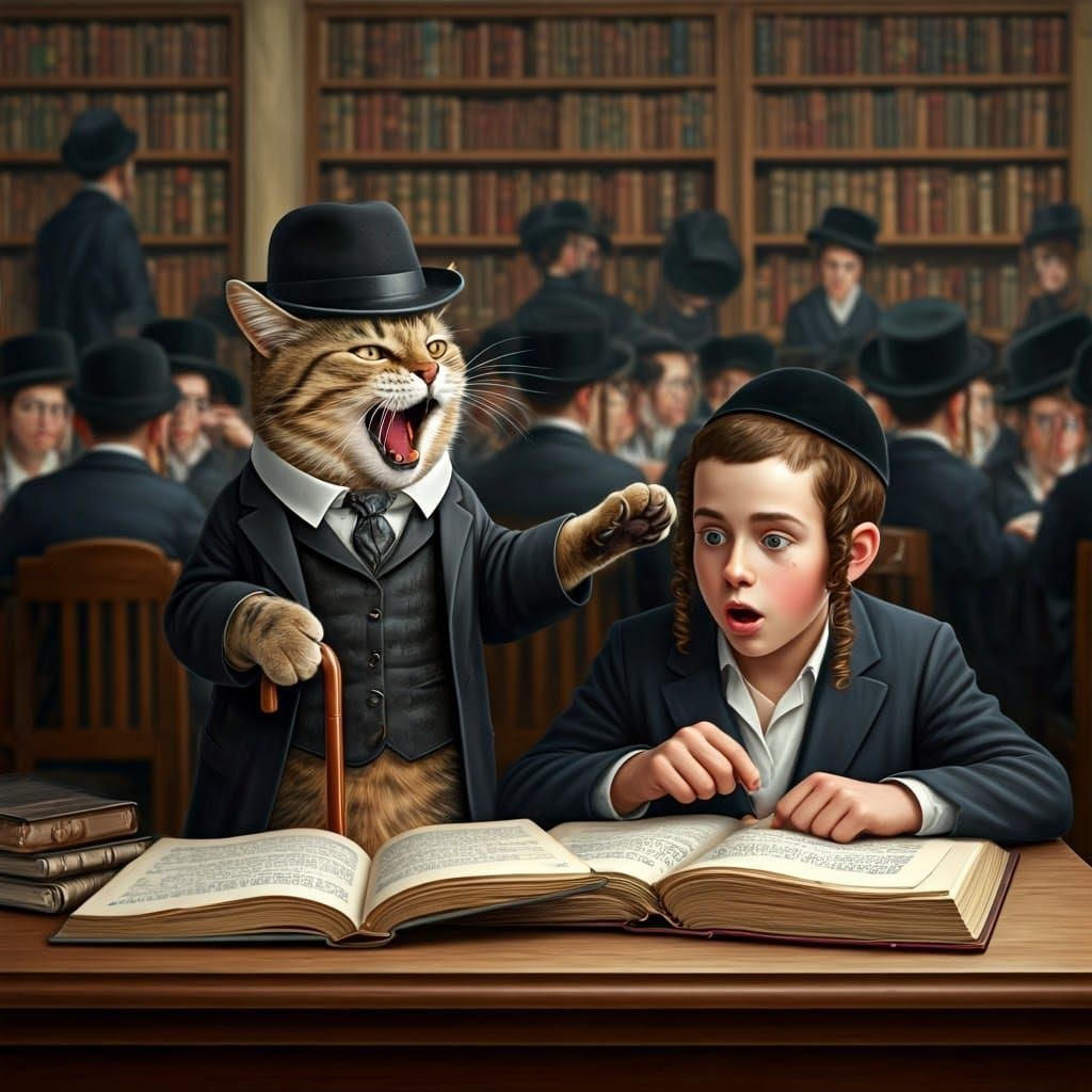 Tabby Cat Rebukes Yeshiva Boys in Whimsical Study Hall Scene