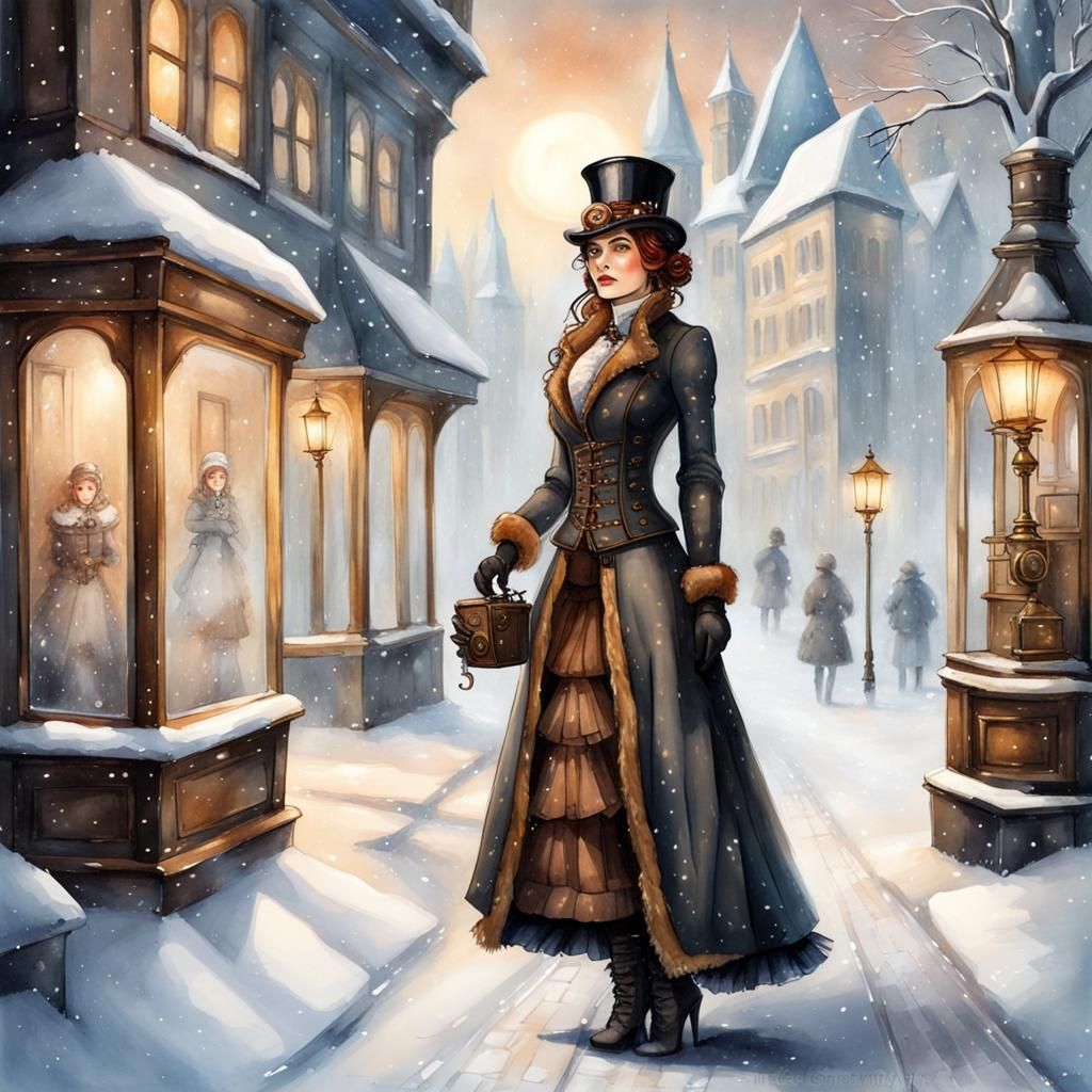 Steampunk Lady in Winter Wonderland Watercolor