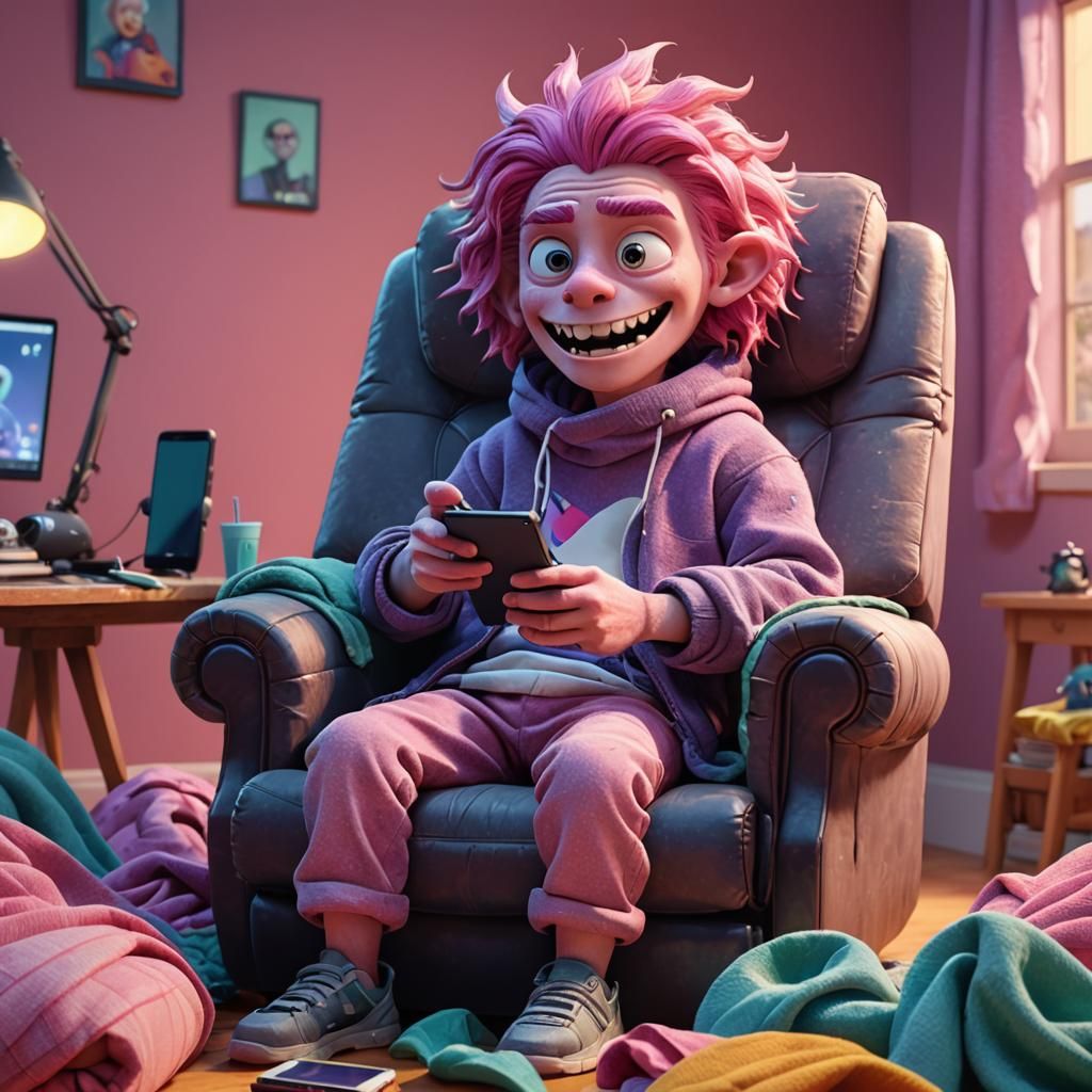 Pink-Haired Monster Relaxing in Recliner: 3D Digital Art