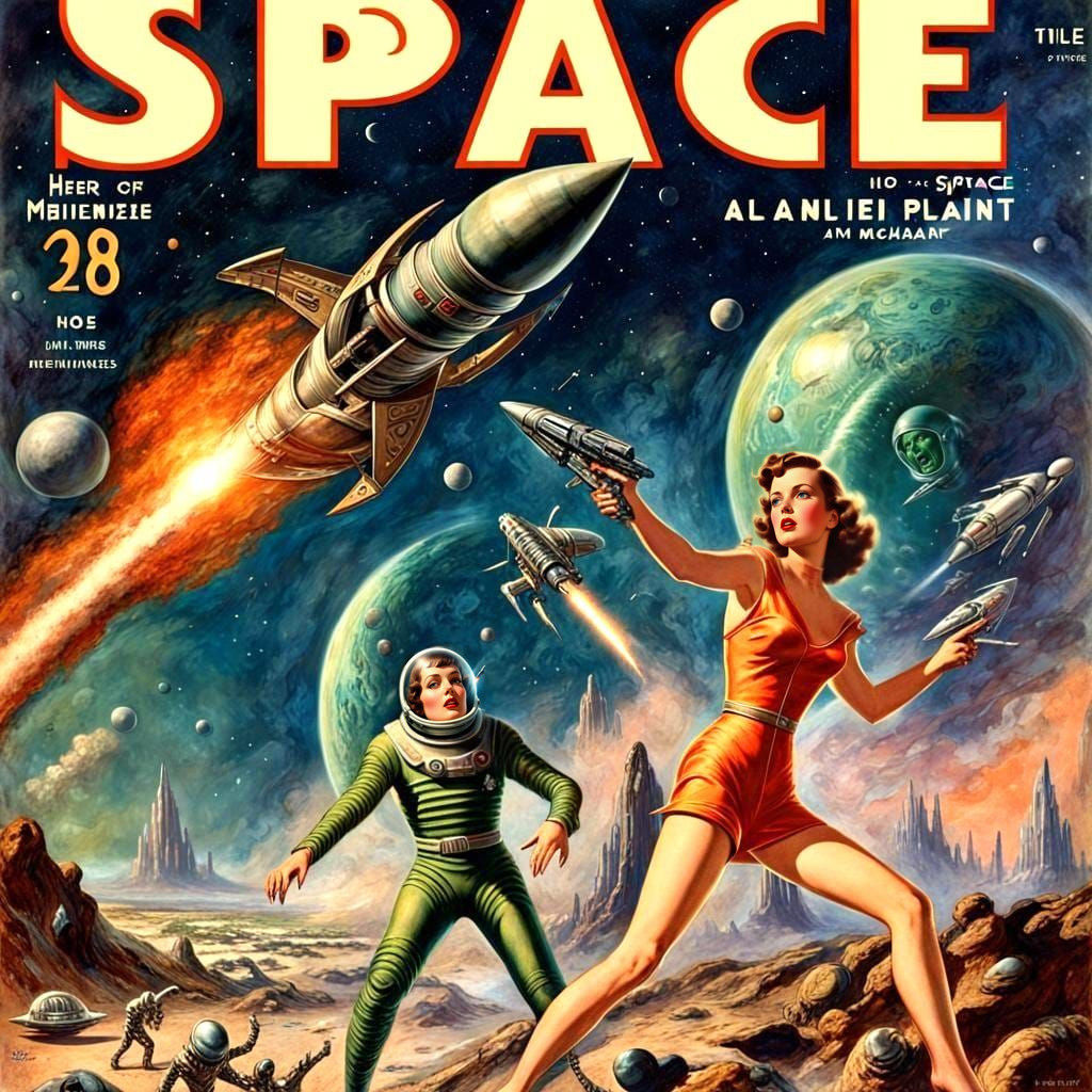 Retro Sci-Fi Magazine Cover: Hero and Heroine vs Aliens