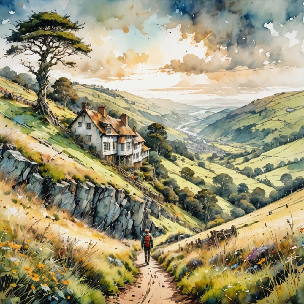 Nostalgic Distant View Home: Art Nouveau Watercolor