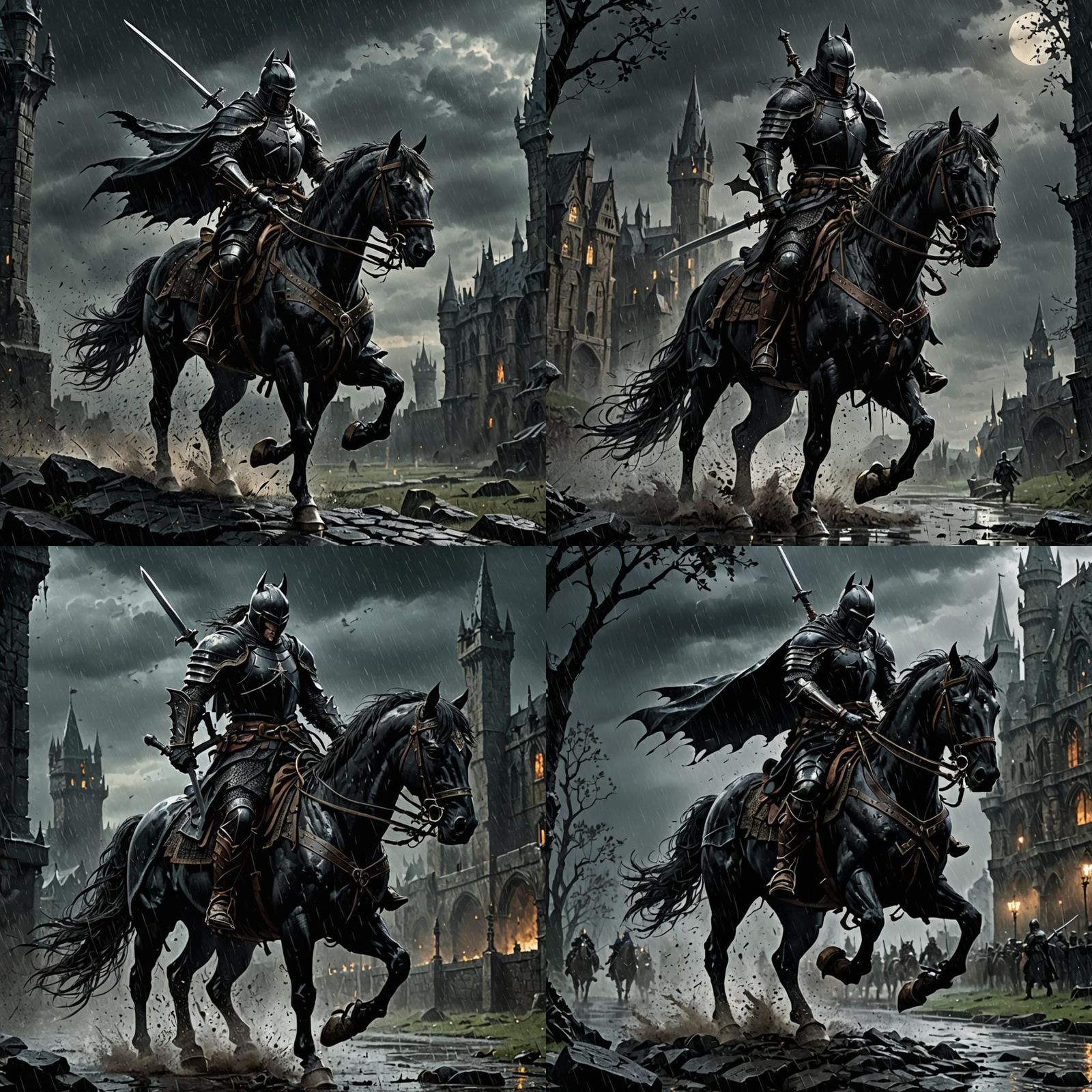 a dark knight on horseback with long sword, in the style of ...
