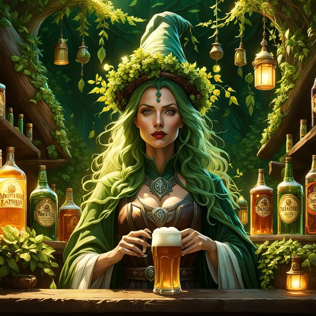 Green Witch Serving Beer in Middle Earth Bar