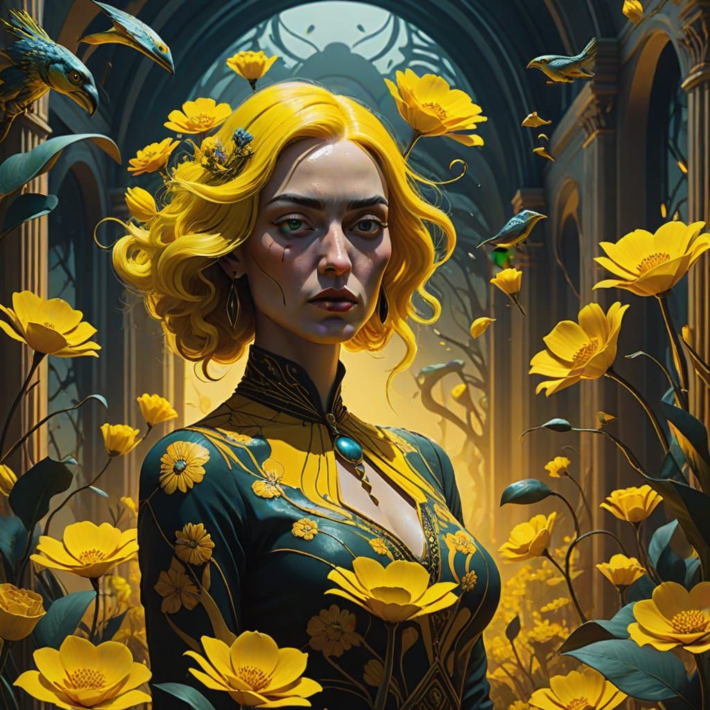 Vibrant Yellow Surrealism in Triadic Hues