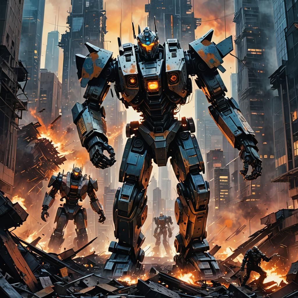 Giant Robots Clash in Sci-Fi Cityscape