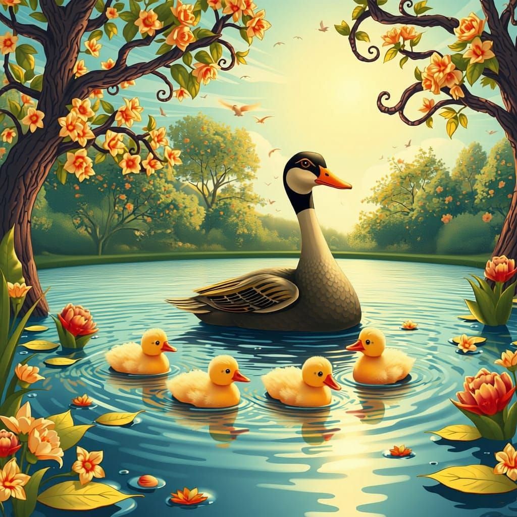 Golden Summer Wonderland with Mother Duck and Ducklings