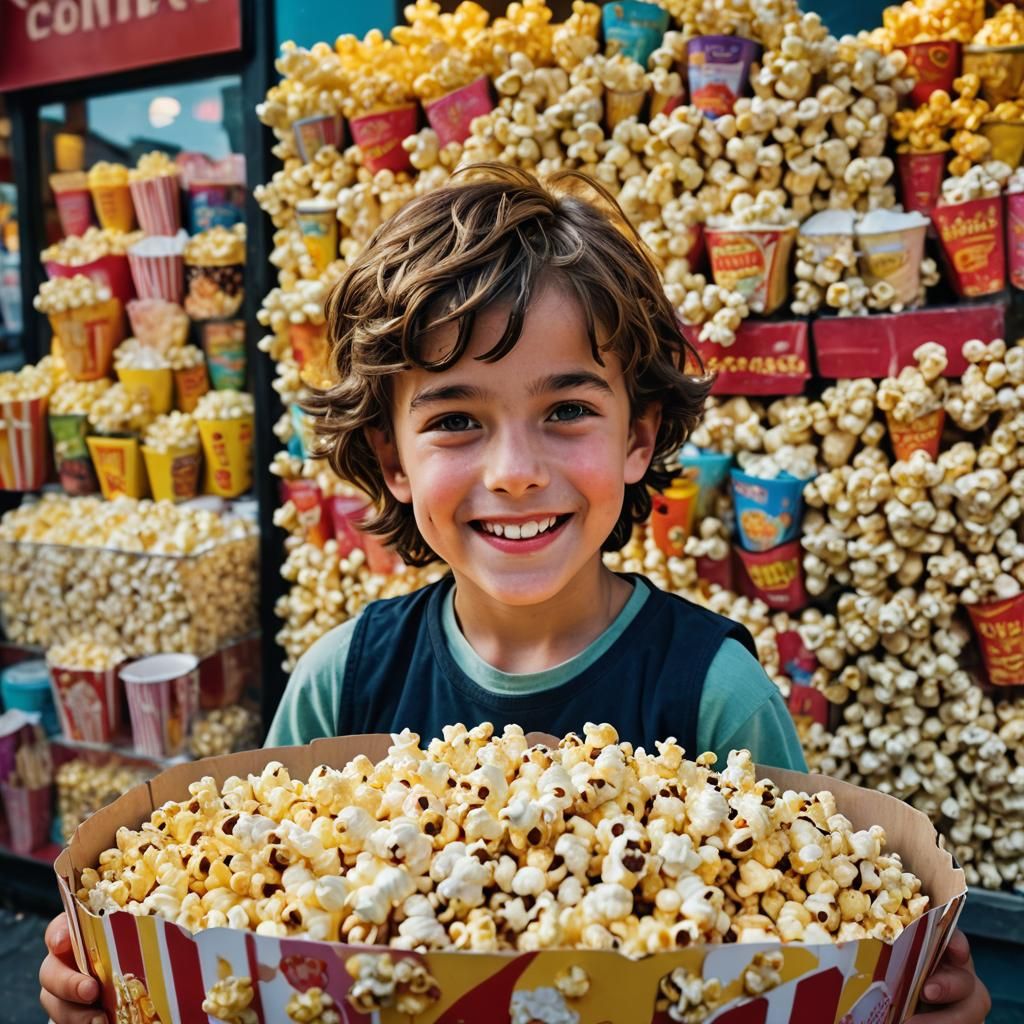 Happy Child with Popcorn at Colorful Roadside Shop