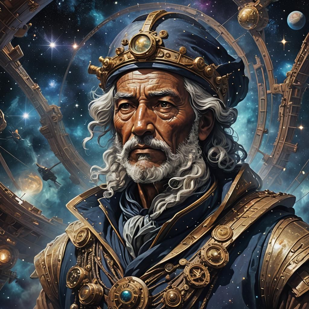 Ancient Sailor Navigates Cosmos in Futuristic Ship