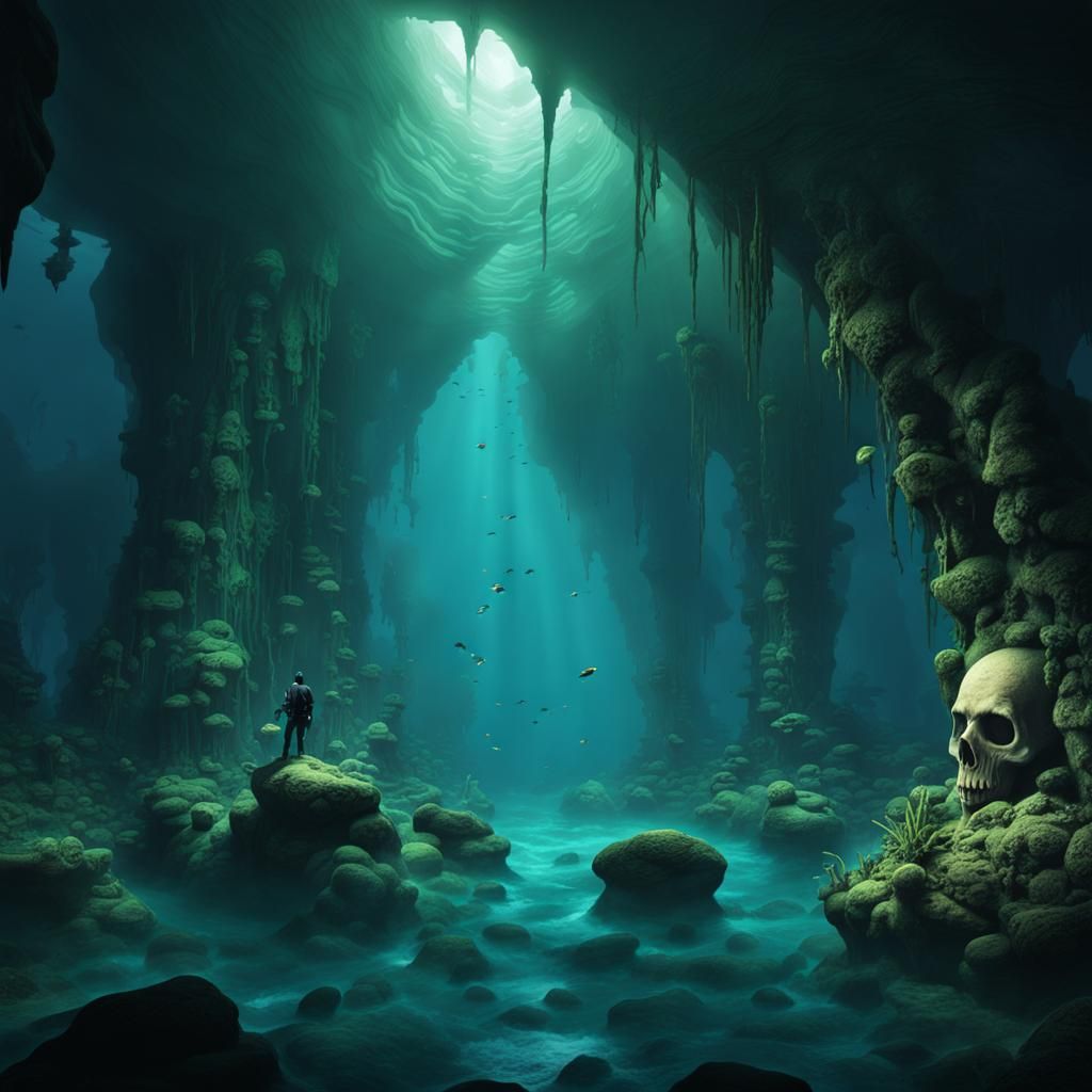 Eerie Underwater Cave with Sunken Ship in Lovecraftian Style