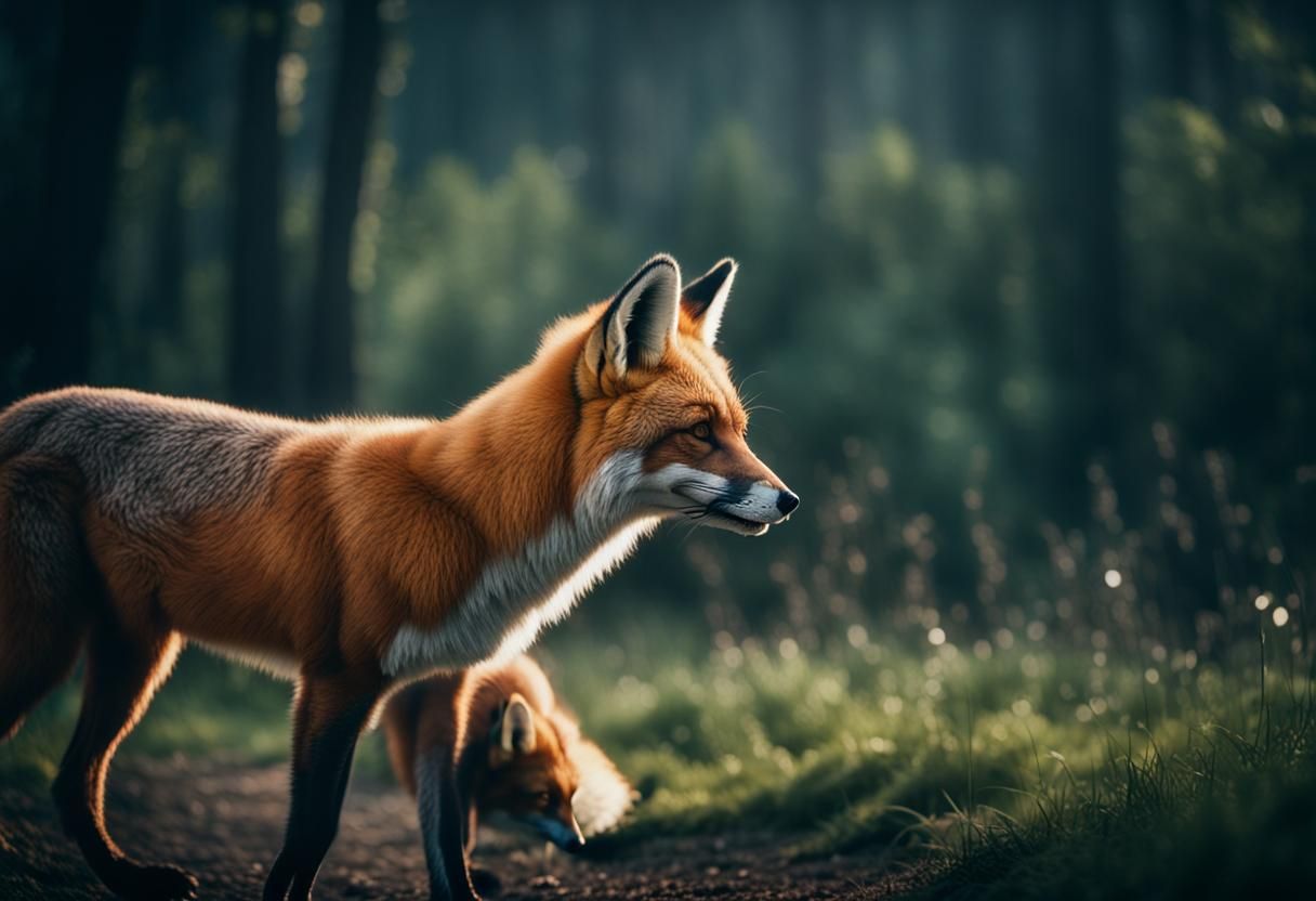 Two Foxes Walking: A Cinematic Still