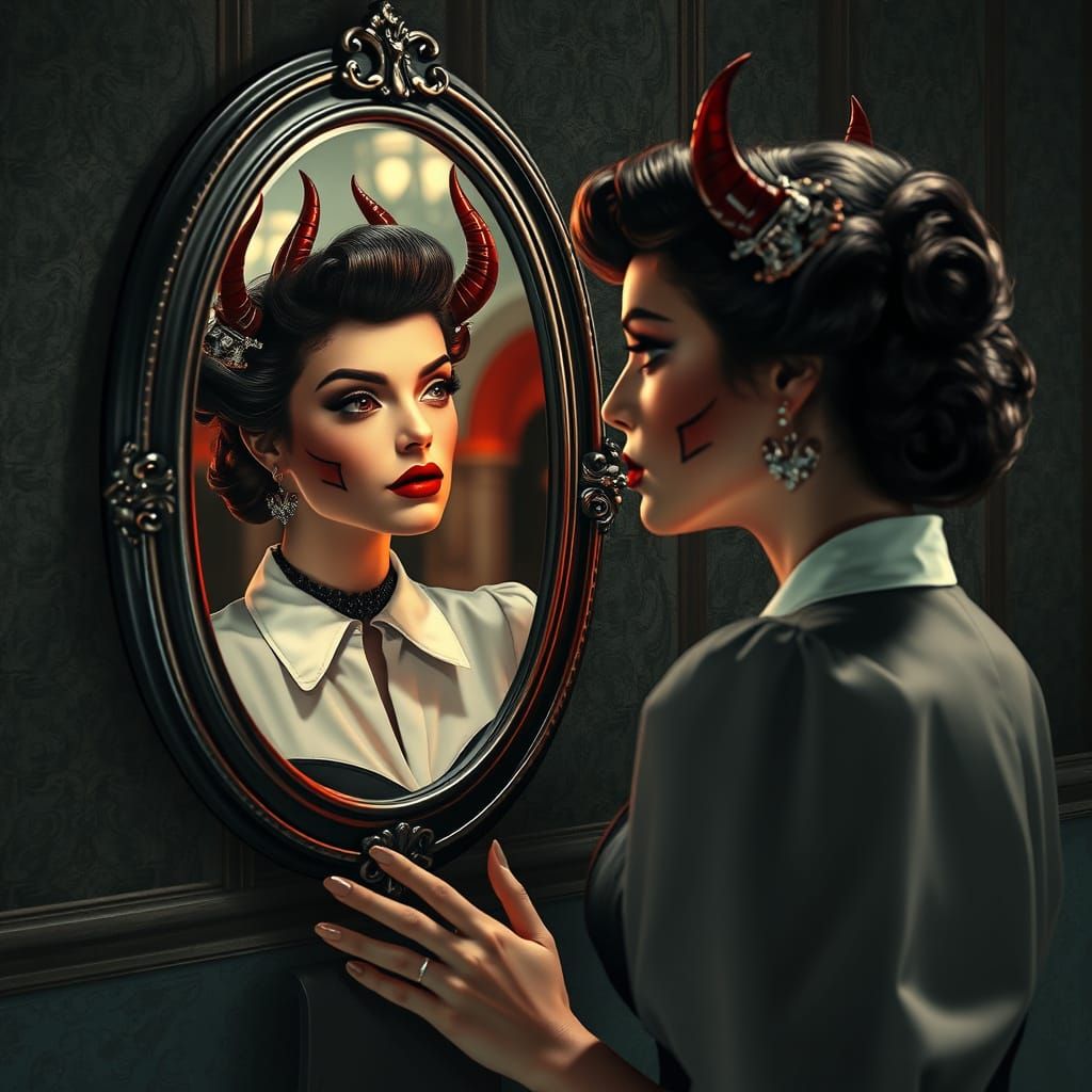 Woman's Devilish Reflection in Vintage Mirror