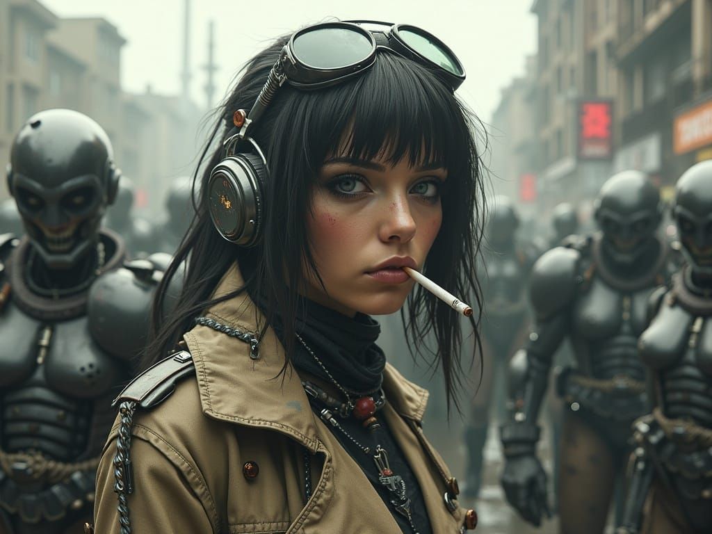 Cyberpunk Femme Fatale in Post-Apocalyptic Landscape