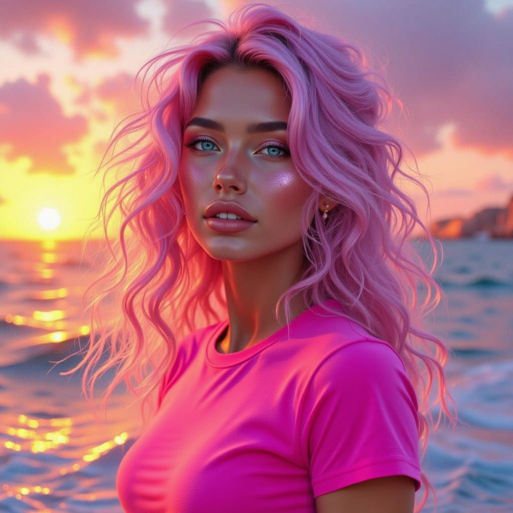 Gorgeous CGI Woman with Rainbow Hair in Sunset