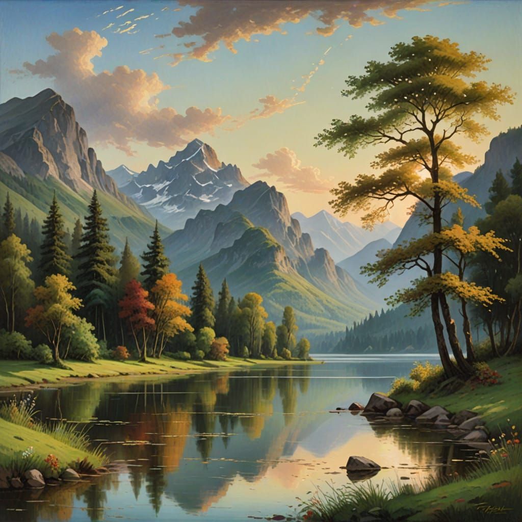 Luminous Mountain Landscape Oil Painting with Serene Lake an...