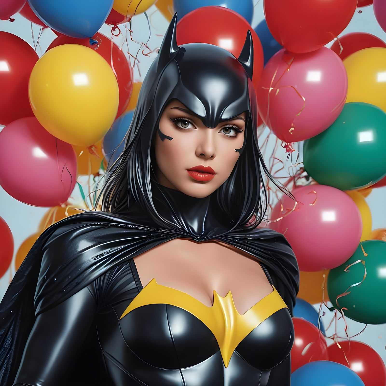 Korean Superheroine in Bat-Suit with Balloons