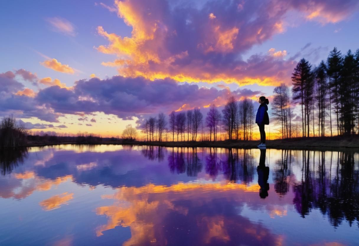 Woman at Sunset Lake with Blue and Purple Sky