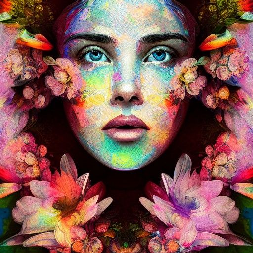 Colorful Mixed Media Portrait with Floral Elements