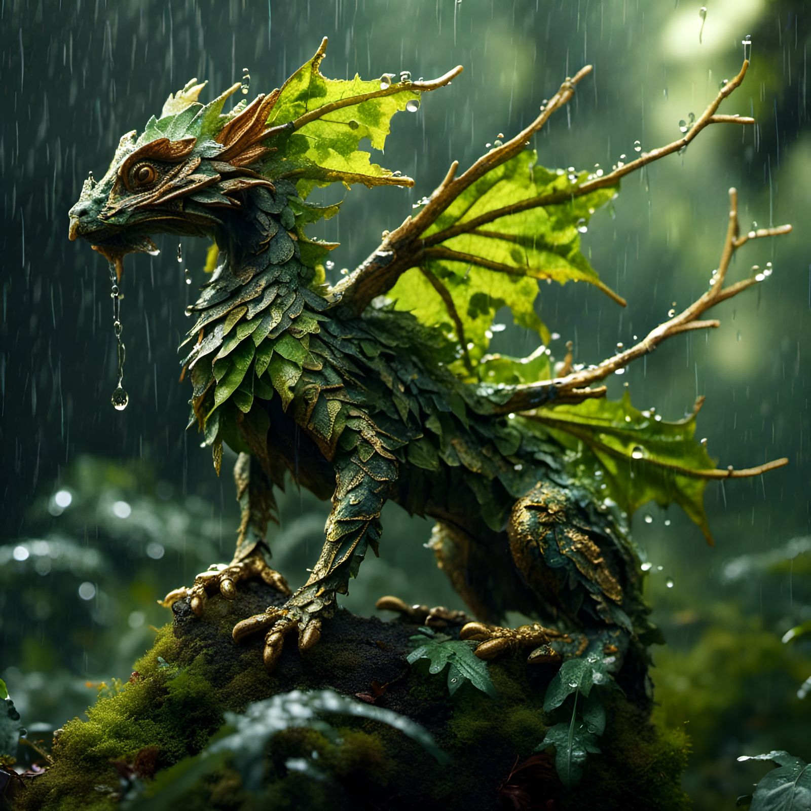 Leafy Forest Dragon in Rainstorm