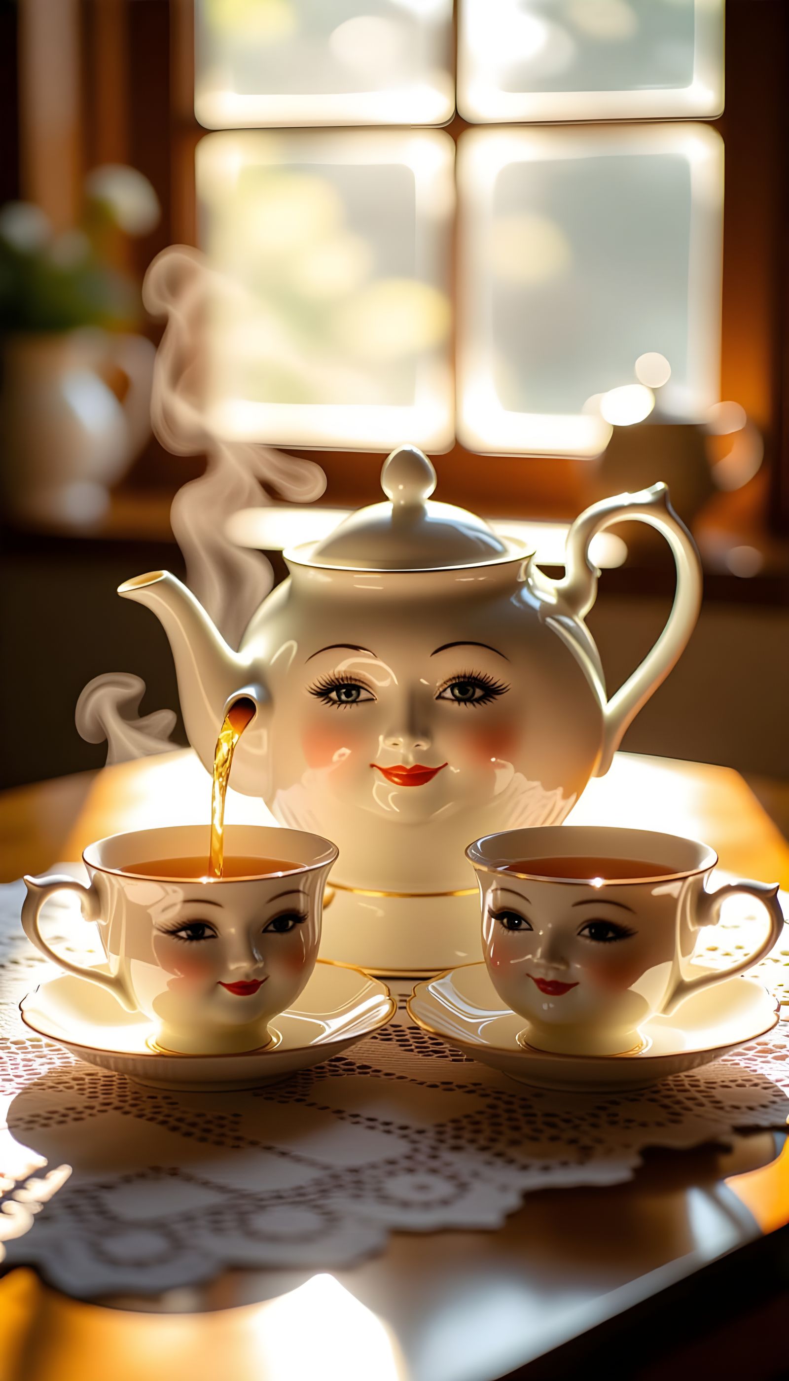 Photorealistic Teapot With Faces Pours Tea