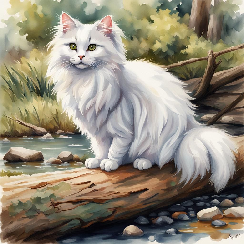 Angora Cat by Stream, Watercolor Art