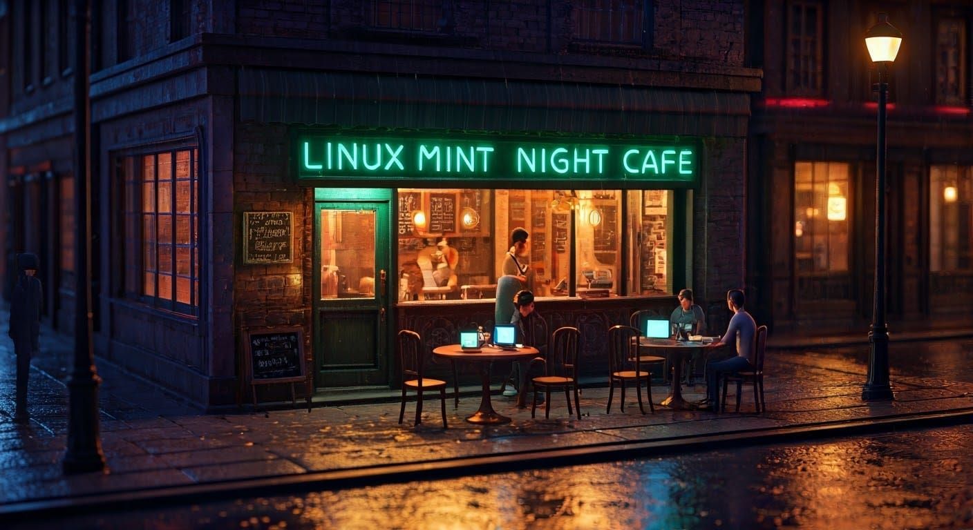 Cozy Linux Mint Night Café Diorama