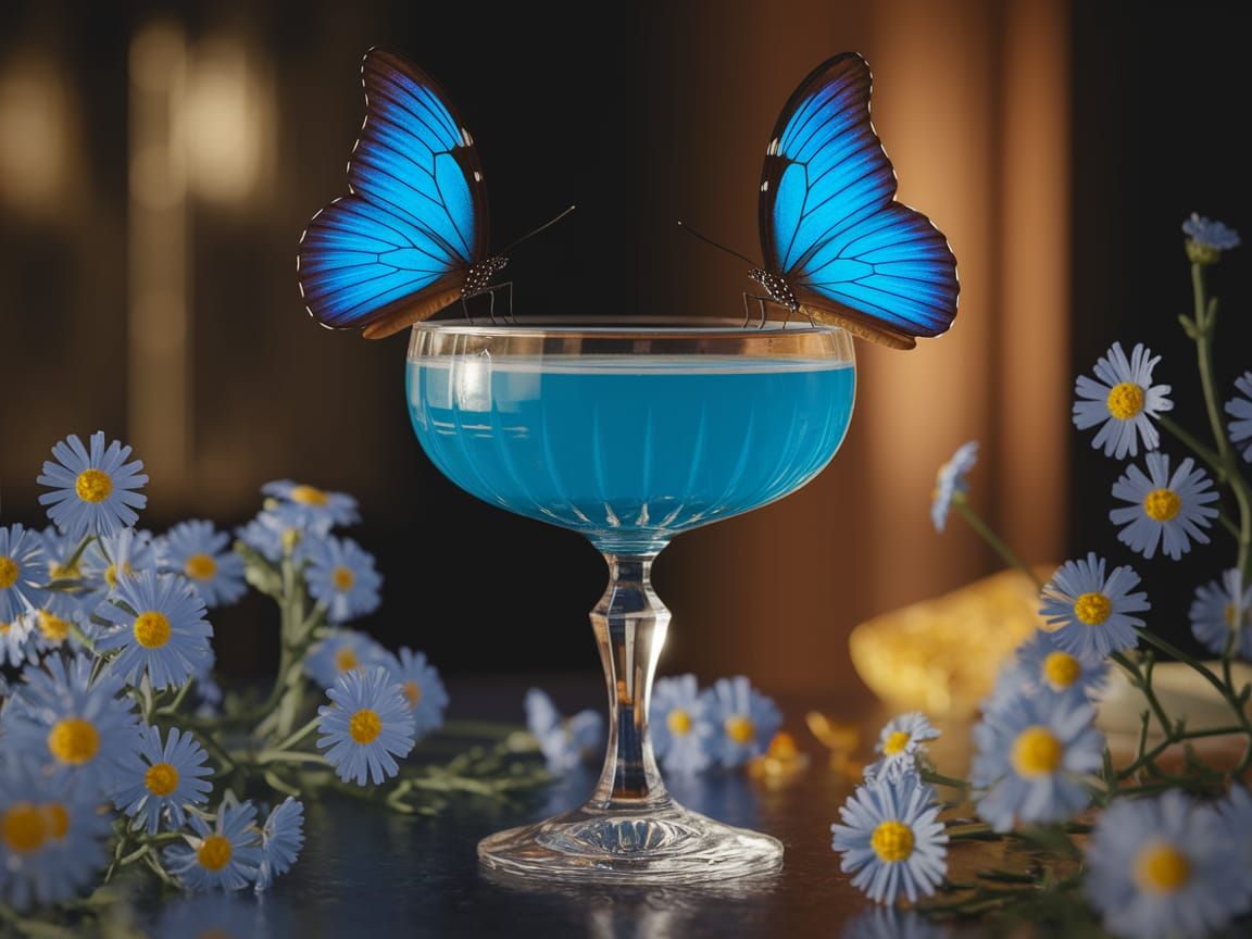 Blue Cocktail with Butterflies and Flowers in Elegant Glassw...