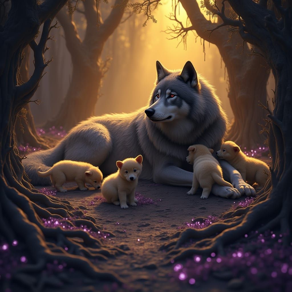 Majestic Dire Wolf Surrounded by Rambunctious Puppies in Mys...