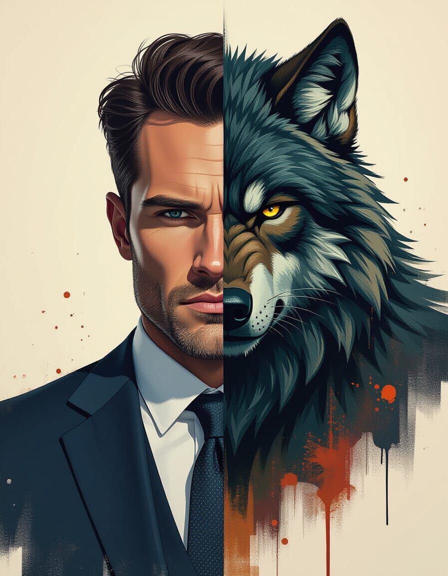 Werewolf Juxtaposed with Man in Atmospheric Portrait
