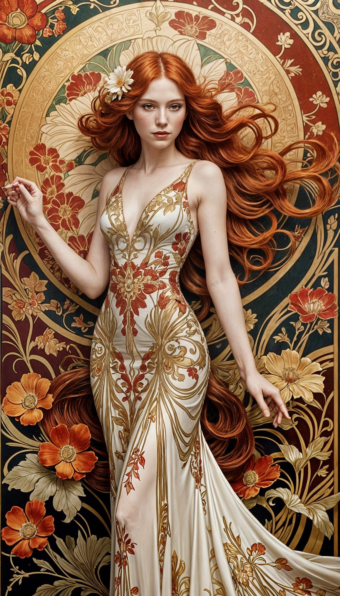Ethereal Art Deco Goddess with Long Red Locks