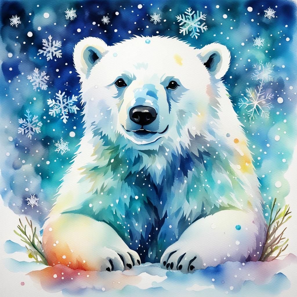 Watercolor Polar Bear Cub in Snowy Aurora