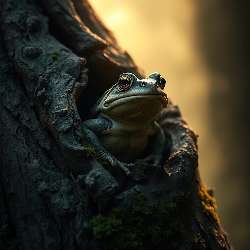 Toad in Tree Hole: Hyperrealistic Cinematic Scene
