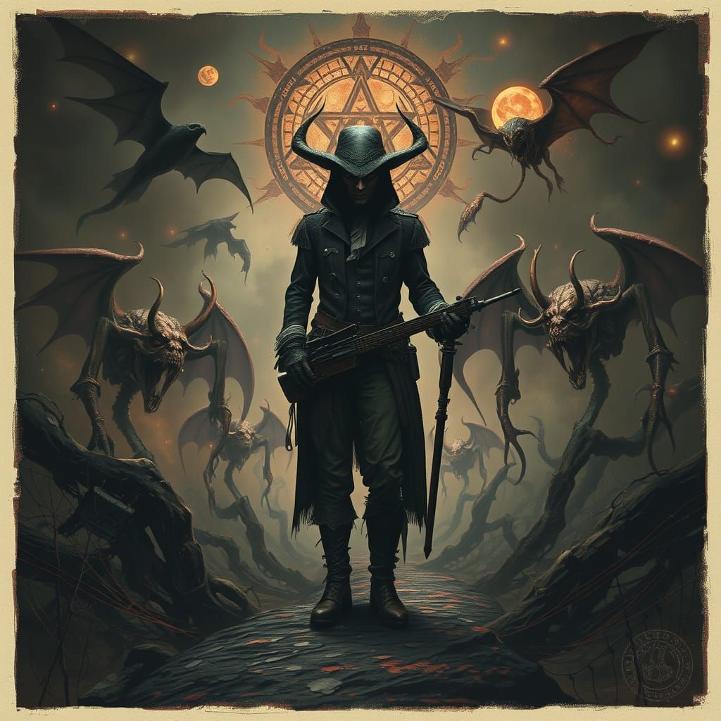 Eldritch Hunter in Dreamlike Victorian Horror Landscape