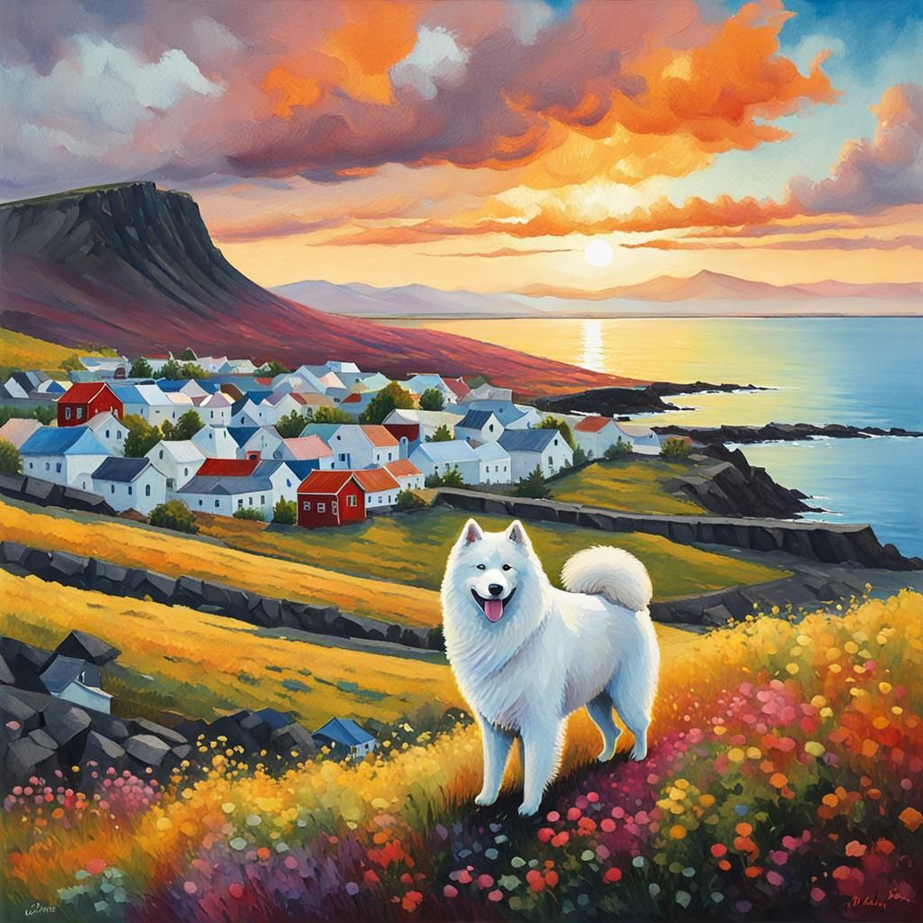 Samoyed in Picturesque Icelandic Town: Gouache-Style Masterp...
